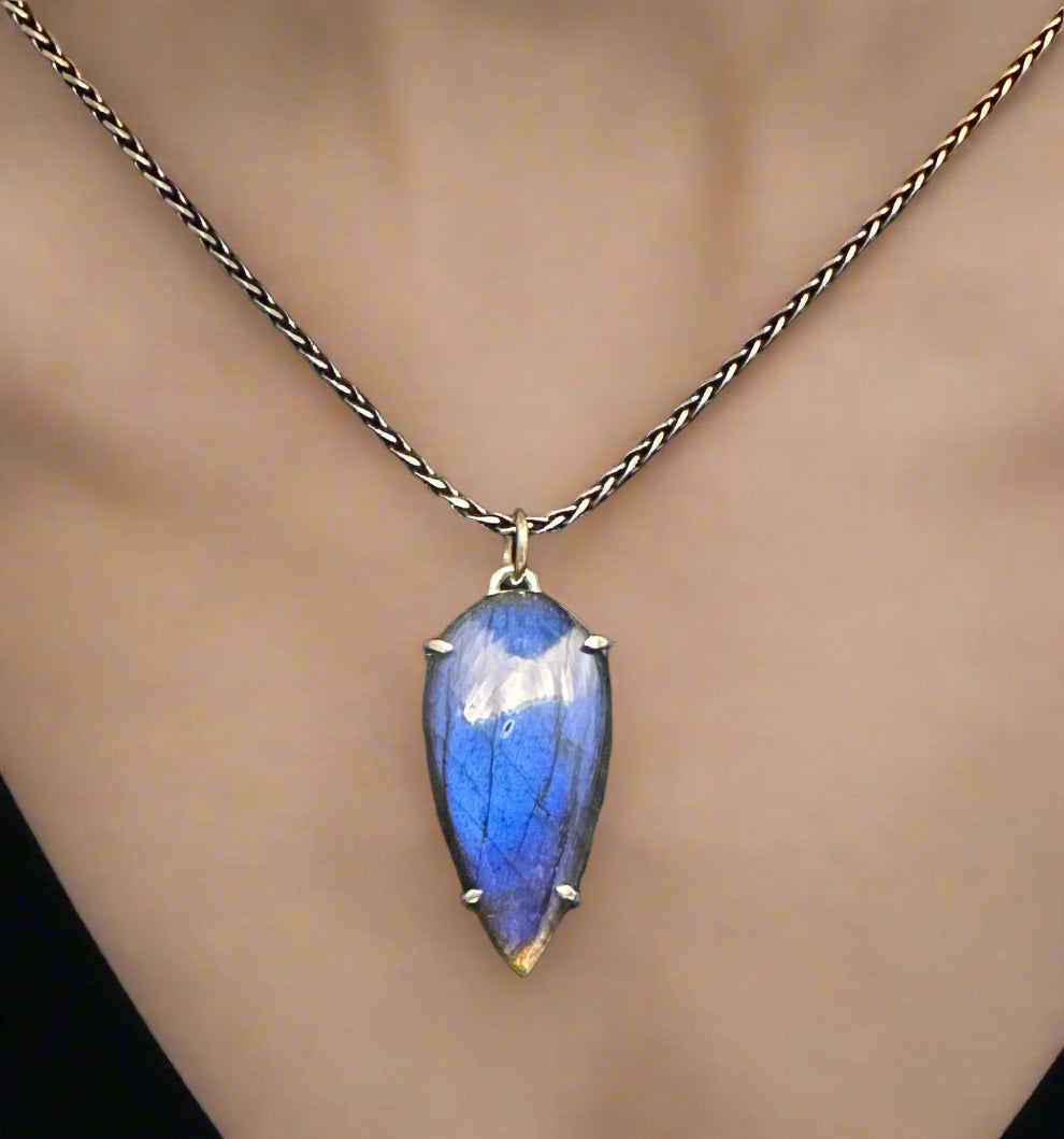 Blue Flame Labradorite & Argentium Silver Pendant