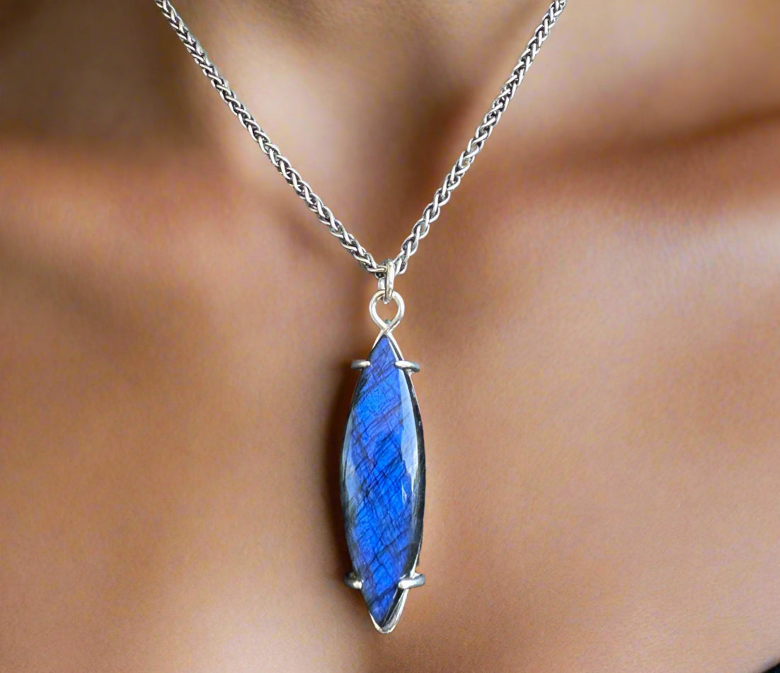 Blue Flame Labradorite & Argentium Silver Pendant