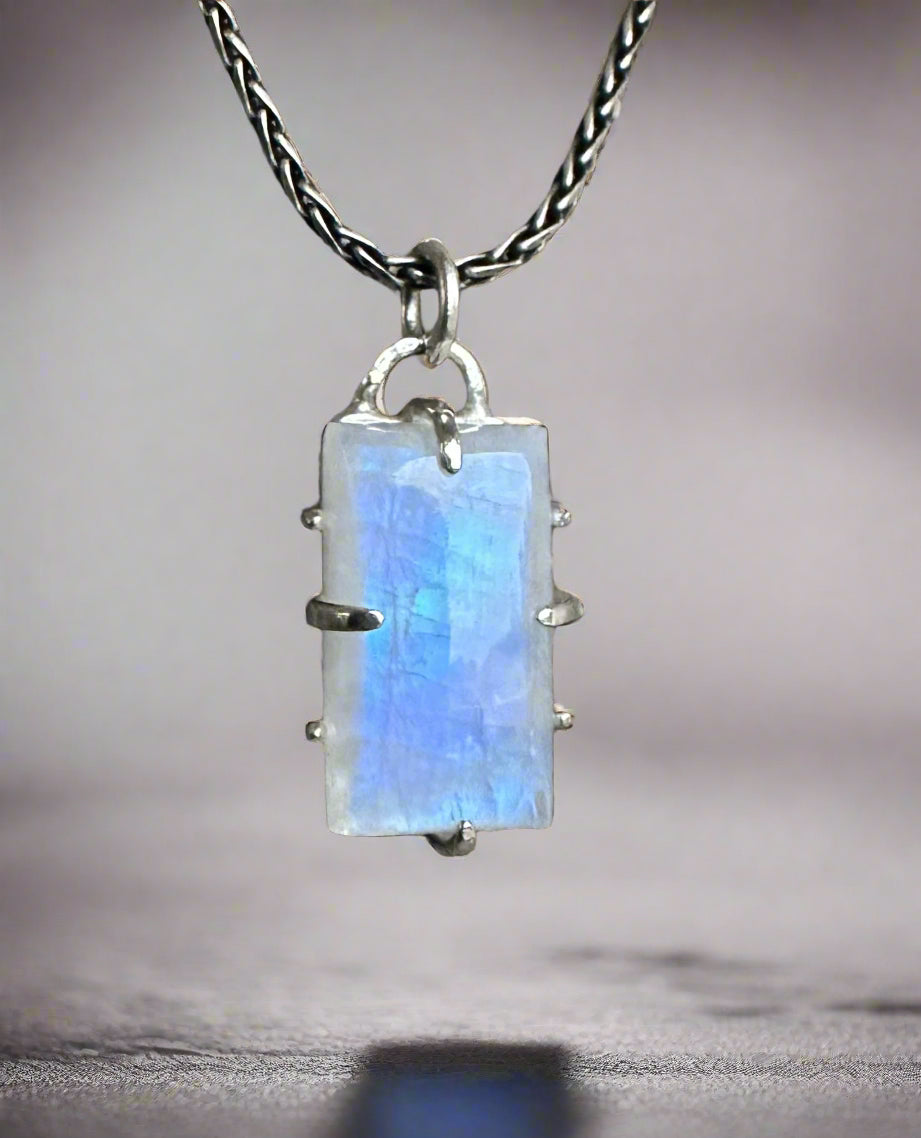 Rainbow Moonstone & Argentium Silver Pendant