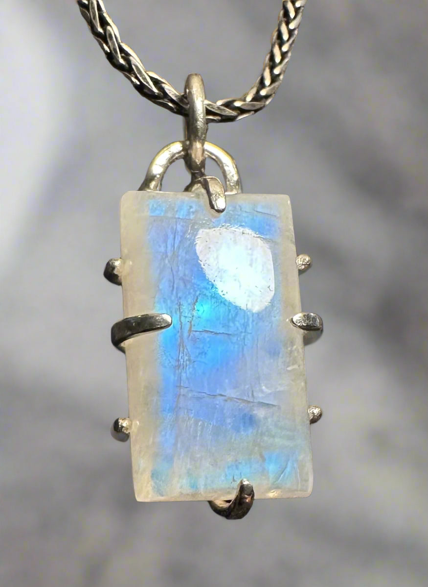 Rainbow Moonstone & Argentium Silver Pendant