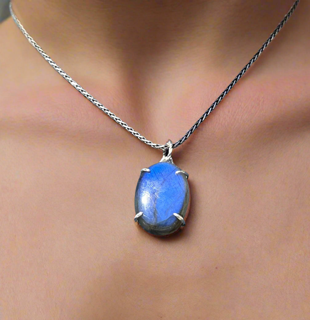 Blue Flame Labradorite & Argentium Silver Pendant