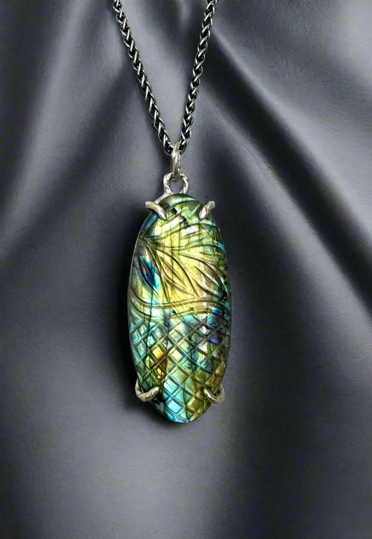 Carved Labradorite & Argentium Silver Pendant